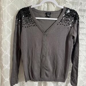 Rue21‎ Gray Sequin Shoulder Cardigan Sweater V-Neck Button Front Women's Medium